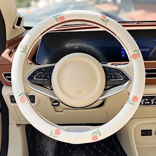 Wheel Cover Flax Microfiber Steering Wheel Covers for Women Fit 15 inch Car Cute Bow Tie Anti-Slip Breathable Absorbing Sweat Cover (Type-O-Tulip) - color: Type-O-Tulip