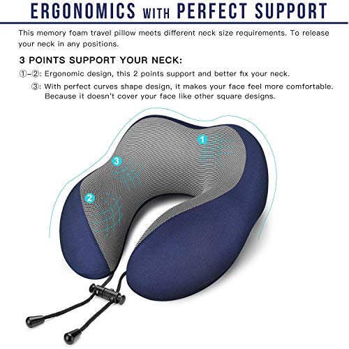 MLVOC Neck Pillow for Traveling, Upgraded 100% Pure Memory Foam Travel Neck Pillow for Airplane Flight Sleep, Breathable & Machine Washable Cover, Travel Kit with 3D Eye Mask, Earplugs & Bag, Blue - color: Blue
