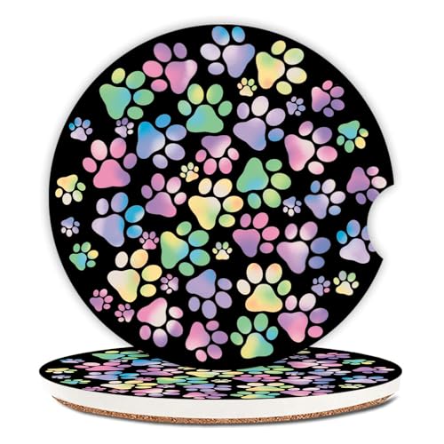 2 Pack Absorbent Car Coasters for Cup Holders,Gradient Colorful Dog paw Print Ceramic Coasters with Cork Back and Finger Slot,2.56" Auto Accessories for Women & Men. - color: Dog Paw Print 1