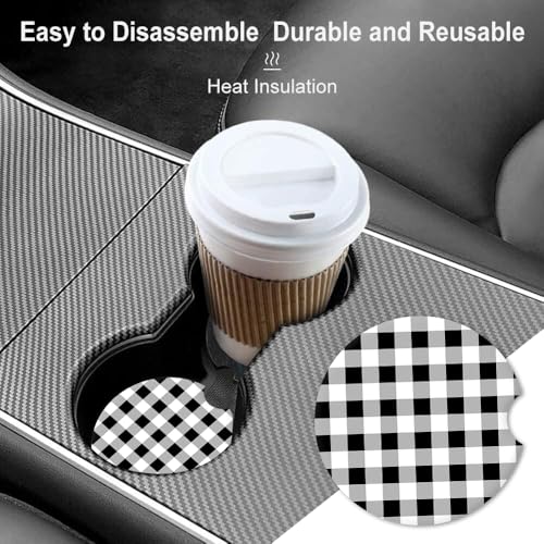 Absorbent Car Coasters 2 Pack for Women/Men,Car Coaster for Drinks,Ceramic Stone Car Cup Holder with A Finger Notch,Black White Check Checkered Plaid - color: Black White Check Checkered Plaid