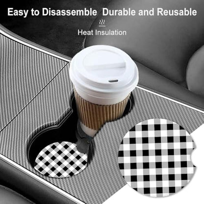 Absorbent Car Coasters 2 Pack for Women/Men,Car Coaster for Drinks,Ceramic Stone Car Cup Holder with A Finger Notch,Black White Check Checkered Plaid - color: Black White Check Checkered Plaid