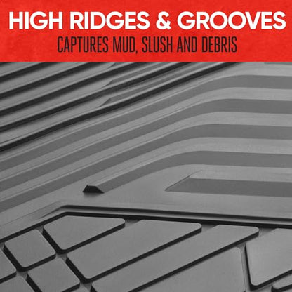 Motor Trend AdventureMax Car Floor Mats Full Set - Durable Rubber Floor Mats for Cars with Debris Capture Grooves, All Weather Interior Protection for Front and Rear with Non-Slip Backing, Gray