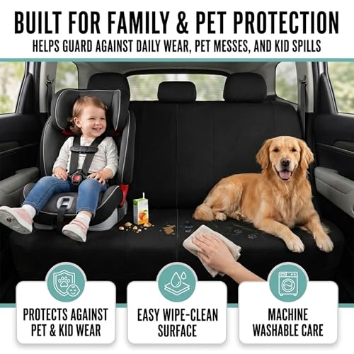 FH Group Full Set Cloth Car Seat Covers, Universal Fit Front and Split Bench Rear, Airbag Compatible, Washable for SUV, Sedan, Van - Black - color: Black
