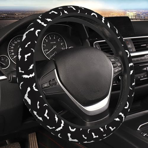 Halloween Cool Black Bat Car Steering Wheel Cover,Non-Slip Elastic Neoprene-Sweat Car Accessories,Universal 15 Inch Fit Auto, Vans Trucks,Suvs, Truck - color: Halloween Cool Black Bat