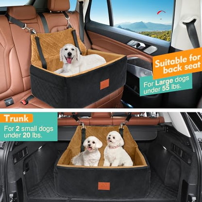 Dog Car Seat for Large Medium Dogs,Washable Pet Car Seat Under 55 lbs or 2 Small Dogs,Dog Booster Seat with Thick Cushion,2 Safety Leashes Travel Car Dog Bed - color: Black/brown