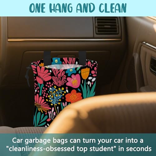 Car Garbage Bag Modern Flower and Green Leaves Hanging Canvas Car Trash Bag Drawstring Car Back Seat Organizer for Car Back Front Seat Console with Adjustable Buckle - color: Modern Flower and Green Leaves