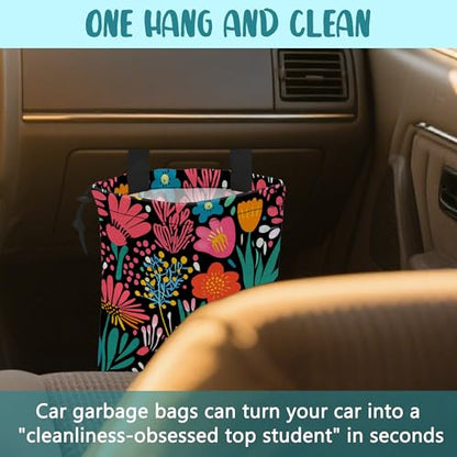 Car Garbage Bag Modern Flower and Green Leaves Hanging Canvas Car Trash Bag Drawstring Car Back Seat Organizer for Car Back Front Seat Console with Adjustable Buckle - color: Modern Flower and Green Leaves
