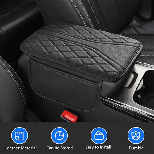 Car Center Console Cover with Storage Bags, Leather Armrest Pad Protector for SUV, Sedan, Truck Interior Accessories (Black)