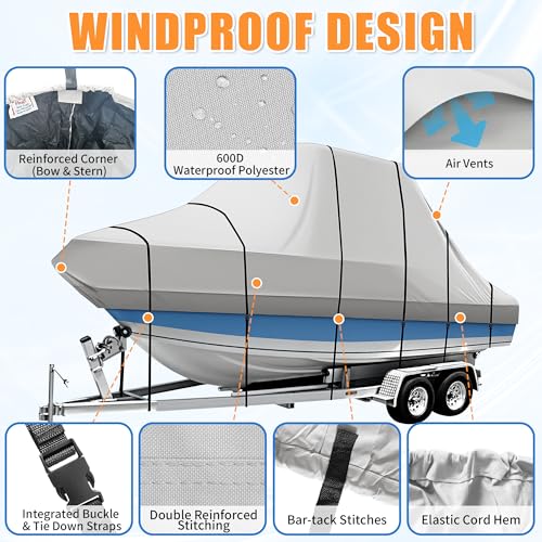 iCOVER T-Top Boat Cover, 600D Heavy Duty Marine Grade Waterproof Tear Resistant, Hard Top/T Top Boat Cover for Center Console Boat with T TOP Roof, Fits 20'-22' Long Beam Width up to 106", Grey - color: T-Top / Hard-Top, size: E: 20'-22' long, Beam Width