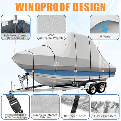 iCOVER T-Top Boat Cover, 600D Heavy Duty Marine Grade Waterproof Tear Resistant, Hard Top/T Top Boat Cover for Center Console Boat with T TOP Roof, Fits 20'-22' Long Beam Width up to 106", Grey - color: T-Top / Hard-Top, size: E: 20'-22' long, Beam Width