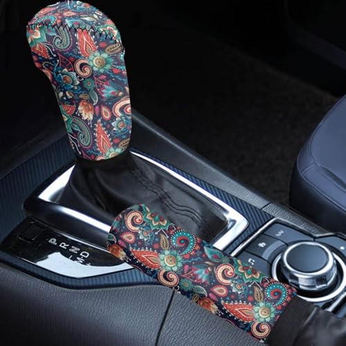 Bulopur Car Shifter Gear Hand Brake Trim Cover Set for Most Cars Van SUV Sedan Truck Auto Accessories - color: Boho Paisley Flower