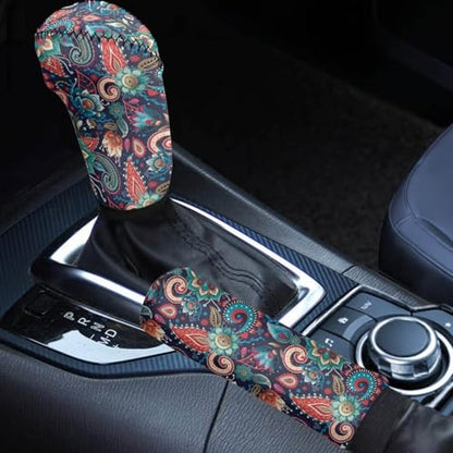 Bulopur Car Shifter Gear Hand Brake Trim Cover Set for Most Cars Van SUV Sedan Truck Auto Accessories - color: Boho Paisley Flower