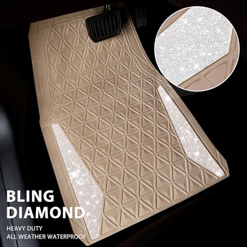CAR PASS Bling Diamond Car Mats Rubber Floor Mats Full Set Anti-Slip 3D Rhombus Waterproof Trim to Fit Liner Universal Glitter Crystal Sparkly Shining Rhinestone Girl Women SUV Sedan Van, Beige Rubber - color: Beige Rubber