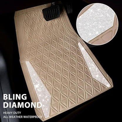CAR PASS Bling Diamond Car Mats Rubber Floor Mats Full Set Anti-Slip 3D Rhombus Waterproof Trim to Fit Liner Universal Glitter Crystal Sparkly Shining Rhinestone Girl Women SUV Sedan Van, Beige Rubber - color: Beige Rubber