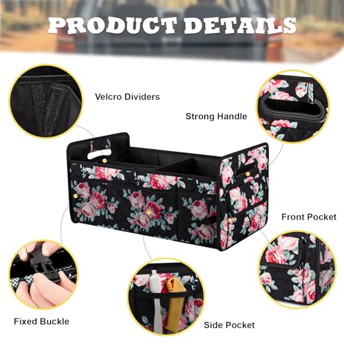 Car Trunk Organizers and Storage Collapsible Multi Compartment Container Box, Adjustable Car Accessories for SUV Sedan Truck, Standard Size, Black Floral - color: Black Floral, size: Standard