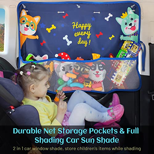 2 Pack Car Window Shade for Baby, Blackout Car Sun Shades with Storage Pockets, 7 Suction Cups, Blue, Cute Patterns for Sun/Heat/UV Rays Protection, Standard Passenger Cars - color: Blue-Cute Dogs 2PC
