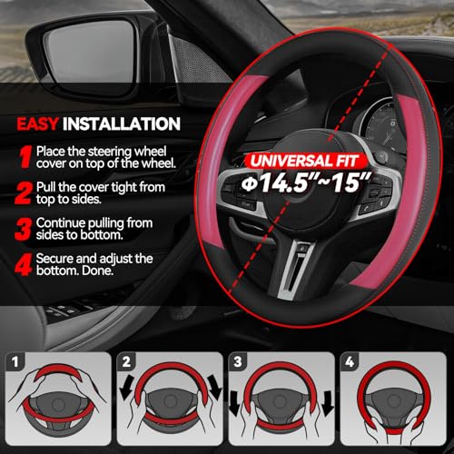 Auto Dynasty Steering Wheel Cover, Breathable Microfiber Leather Car Steering Wheel Protector with Black Red Contrast Stitching, Anti-Slip, [14 1/2 to 15 Inches] Universal Fit Cars Trucks SUVs - color: Contrast Red