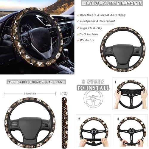 Dreaweet Aztec Brown Cow Print Car Seat Covers Full Set Cute Sunflower Highland Cow Car Accessories,Car Steering Wheel Cover Armrest Cover Seat Belt Pads Cup Holders Gear Shift Cover Handbrake Cover - color: Aztec Sunflower Highland Cow