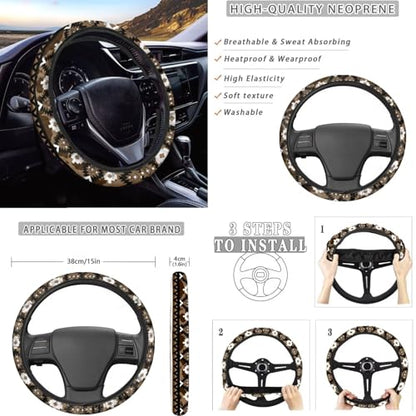 Dreaweet Aztec Brown Cow Print Car Seat Covers Full Set Cute Sunflower Highland Cow Car Accessories,Car Steering Wheel Cover Armrest Cover Seat Belt Pads Cup Holders Gear Shift Cover Handbrake Cover - color: Aztec Sunflower Highland Cow
