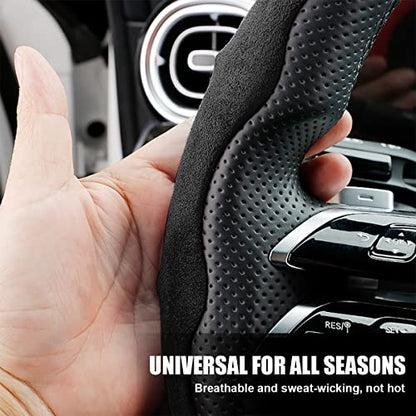 Car Steering Wheel Cover, Microfiber Suede Leather and Carbon Fiber Double Sided Design, Warm in Winter and Cool in Summer, Breathable Non Slip Segmented Protector for Most Cars (Turn Fur/Black) - color: Turn Fur/Black