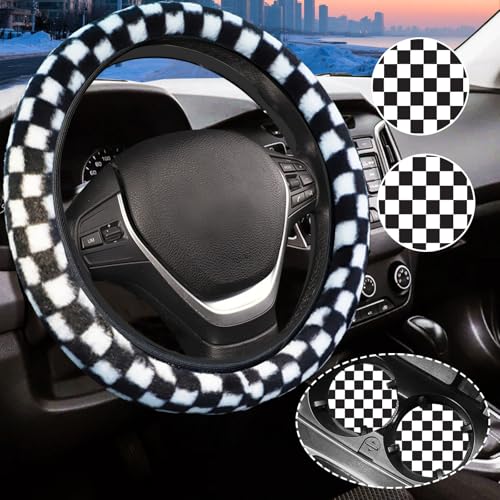 Black and White Checkered Fuzzy Steering Wheel Cover for Women, Universal Auto Steering Wheel 14-15 Inch Soft Warm Car Interior Accessories with 2PCS Car Coasters, Suitable for Men and Women - color: black and white