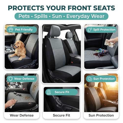 FH Group Universal Car Seat Covers Full Set for SUV Truck Sedan Vans | 3D Textured Breathable Fabric Seat Cover Set with Airbag Compatible Split Bench Protector Interior Upgrade - Gray/Black