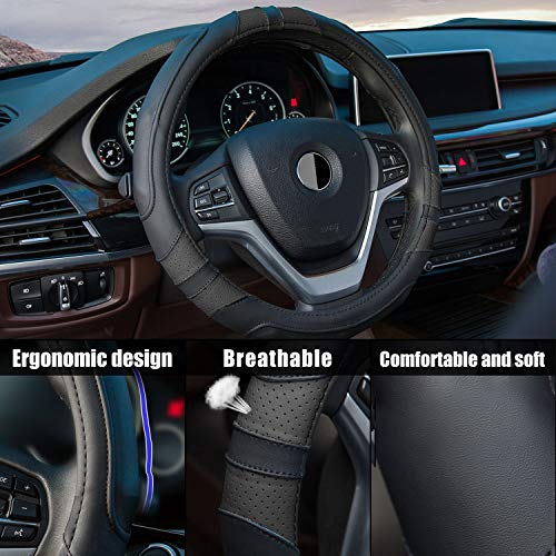 Achiou Black Car Steering Wheel Cover Universal 15 inch with Grip Contours, Leather Auto for Men and Women Non-Slip Breathable Soft and Comfortable