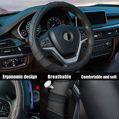 Achiou Black Car Steering Wheel Cover Universal 15 inch with Grip Contours, Leather Auto for Men and Women Non-Slip Breathable Soft and Comfortable