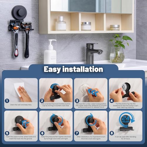No-Drill Suction Cup Razor and Shaver Holder, Stainless Steel Shower Hook for Towel & Loofah, Damage-Free Reusable Bathroom Wall Organizer 2 Pack Matte Black - color: Matte Black