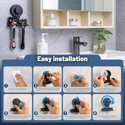 No-Drill Suction Cup Razor and Shaver Holder, Stainless Steel Shower Hook for Towel & Loofah, Damage-Free Reusable Bathroom Wall Organizer 2 Pack Matte Black - color: Matte Black