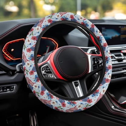 AFPANQZ 4th of July Steering Wheel Cover for Cars Universal Fit 14 to 15 inch, American Flag Tropical Flower Pattern Car SUV Sedans Accessories Steering Wheel Protection Sweat Absorption - color: American Flag Tropical Flower Pattern