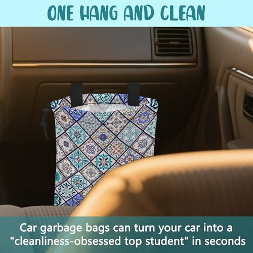 Car Garbage Bag Abstract Portuguese Tiles Drawstring Car Trash Bag Hanging for Back Seat with Adjustable Buckle Canvas Vehicle Trash Can Easy-to-Install - color: Abstract Portuguese Tiles