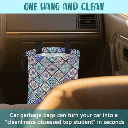 Car Garbage Bag Abstract Portuguese Tiles Drawstring Car Trash Bag Hanging for Back Seat with Adjustable Buckle Canvas Vehicle Trash Can Easy-to-Install - color: Abstract Portuguese Tiles