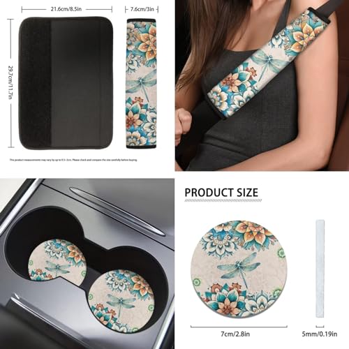 Bohemian Flower Dragonfly Car Seat Covers for Women Men，11pcs Dragonfly Auto Seat Covers for Front Back+ Steering Wheel Cover+Keychain+Cup Coaster+Lipstick Holder Keychain for Most Cars - color: Bohemian Flower Dragonfly