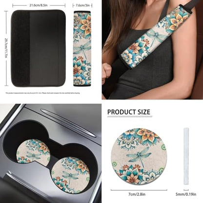Bohemian Flower Dragonfly Car Seat Covers for Women Men，11pcs Dragonfly Auto Seat Covers for Front Back+ Steering Wheel Cover+Keychain+Cup Coaster+Lipstick Holder Keychain for Most Cars - color: Bohemian Flower Dragonfly
