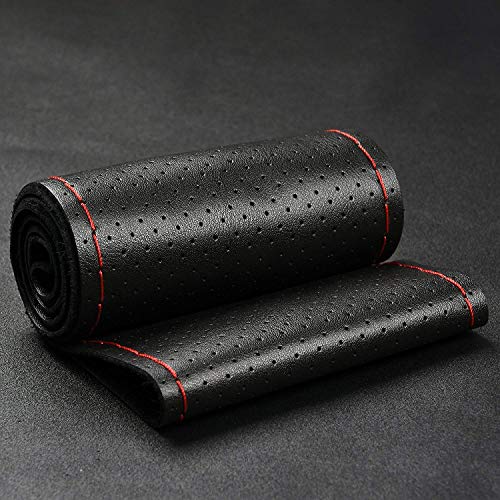 Universal Car Steering Wheel Cover with Top Genuine Leather, Anti-Slip Design and Soft Padding, Stitching Style (Black Leather with red Thread) - color: the red thread