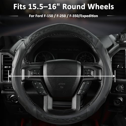 Black Seal Custom-Fit Steering Wheel Cover for Ford F-150, F-250, F-350, Expedition, 15.5–16", Anti-Slip PU Leather (Black) - color: Black