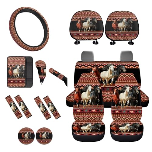 16 Pcs Car Interior Accessories, Horse Aztec Printed Car Seat Covers Sets with Steering Wheel Cover Armrest Pads Seatbelt Cover Headrest Protector Handbrake and Gear Shift Covers Set Coaster - color: Bronze and White - Horse Aztec
