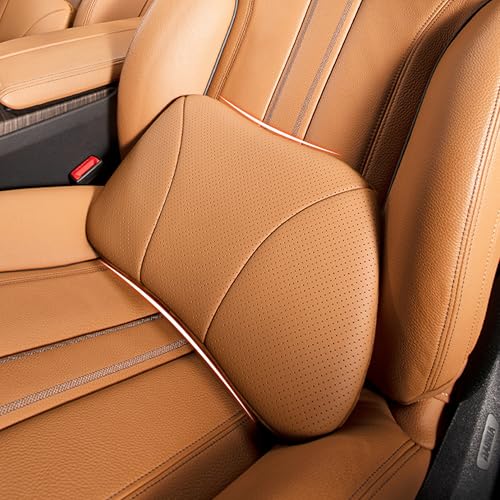 Genuine Leather Lumbar Support Pillow,Back Pain Relief Cushion,fits Tightly Around Waist,Real Cowhide,Memory Foam,fit Car Drive,Office Chair,Rest seat,Improve Posture,Portable,15.5''Lx 8.7''H - color: Orange Brown, size: 1P Cowhide Leather Lumbar pillow