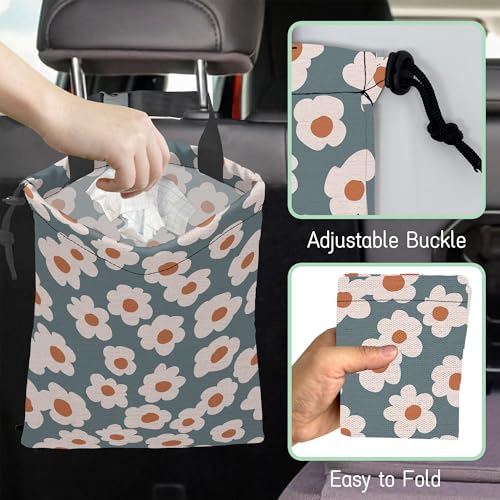 Groovy Flowers Car Garbage Bag,Daisy Waterproof Small Car Trash Bag Hanging Back of Seat,Drawstring Hanging Car Trash Bag with Adjustable Buckle for Car Accessories - color: Groovy Flowers