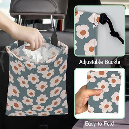 Groovy Flowers Car Garbage Bag,Daisy Waterproof Small Car Trash Bag Hanging Back of Seat,Drawstring Hanging Car Trash Bag with Adjustable Buckle for Car Accessories - color: Groovy Flowers