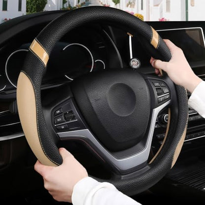 Cxtiy Pickup Truck Steering Wheel Cover – Sporty Fahsion Non-Slip Premium Leather Universal 15.5-16 Inch Steering Wheel Grip Set for Men Women (Beige) - color: Beige