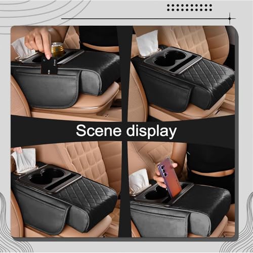 Car Center Console Organizer Armrest Storage Box with 2 Cup Holders-Universal 5-in-1 Leather Cushion Cover,Phone Slot & Tissue Holder for SUV/Sedan(Black)