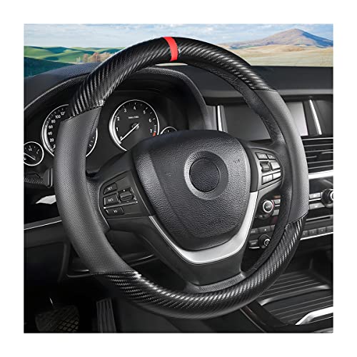 Moly Magnolia Carbon Fiber Steering Wheel Cover, Universal 15 inch Breathable Anti Slip, Black, Leather & Carbon Fiber, Truck & SUV, Automotive Steering Wheel Covers - color: Black
