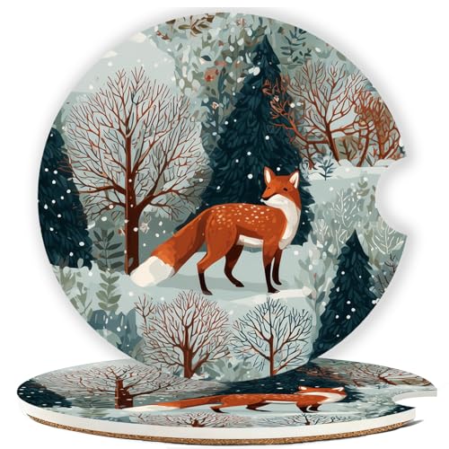 Car Cup Holder Coaster Set of 2, 2.56 in Ceramic Coasters, Scratch-Resistant Cork Backing, Finger Groove Design for Easy Placement, Cute Car Accessories Interior for Women (Snow Fox) - color: Snow-goggled Red Fox