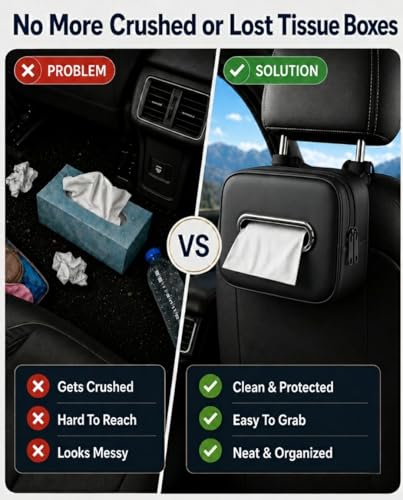 Leather Car Tissue Holder, Extra Large Tissue Holder for Car, Fits 120–230 Count Rectangular Tissue Boxes, Wider Opening for Easy Access, Dual Zipper for Headrest,Console,Seat Back (Black)