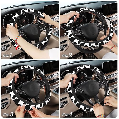 Cow Print Steering Wheel Cover with 2 PCS Cup Coasters for Car,Black and White Cow Print 15 Inch Non-Slip Neoprene Steering Wheel Covers,Breathable Car Accessories Fit for Men Women - color: Cow Print