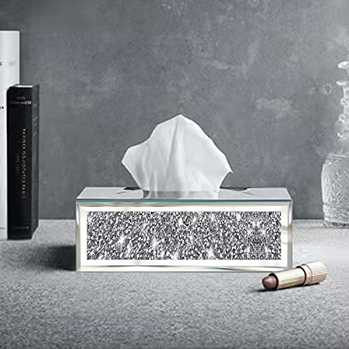 Wocred Rectangular Mirrored Tissue Box Cover,Crystal Crushed Diamond Tissue Box,Silver Luxury Tissue Holders for Either Tissues in a Bathroom or Napkins on a Table.(10”x5.7”x4”) - color: Silver