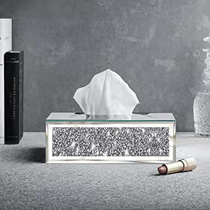 Wocred Rectangular Mirrored Tissue Box Cover,Crystal Crushed Diamond Tissue Box,Silver Luxury Tissue Holders for Either Tissues in a Bathroom or Napkins on a Table.(10”x5.7”x4”) - color: Silver