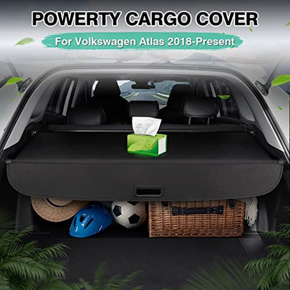 Powerty Retractable Cargo Cover for 2018-2024 VW Atlas(NOT for Cross Sport), Canvas Texture Trunk Cover Privacy Screen Rear Security Shade for Volkswagen Atlas Accessories(with Extented Cover) - size: 2018-2024 | VW Atlas